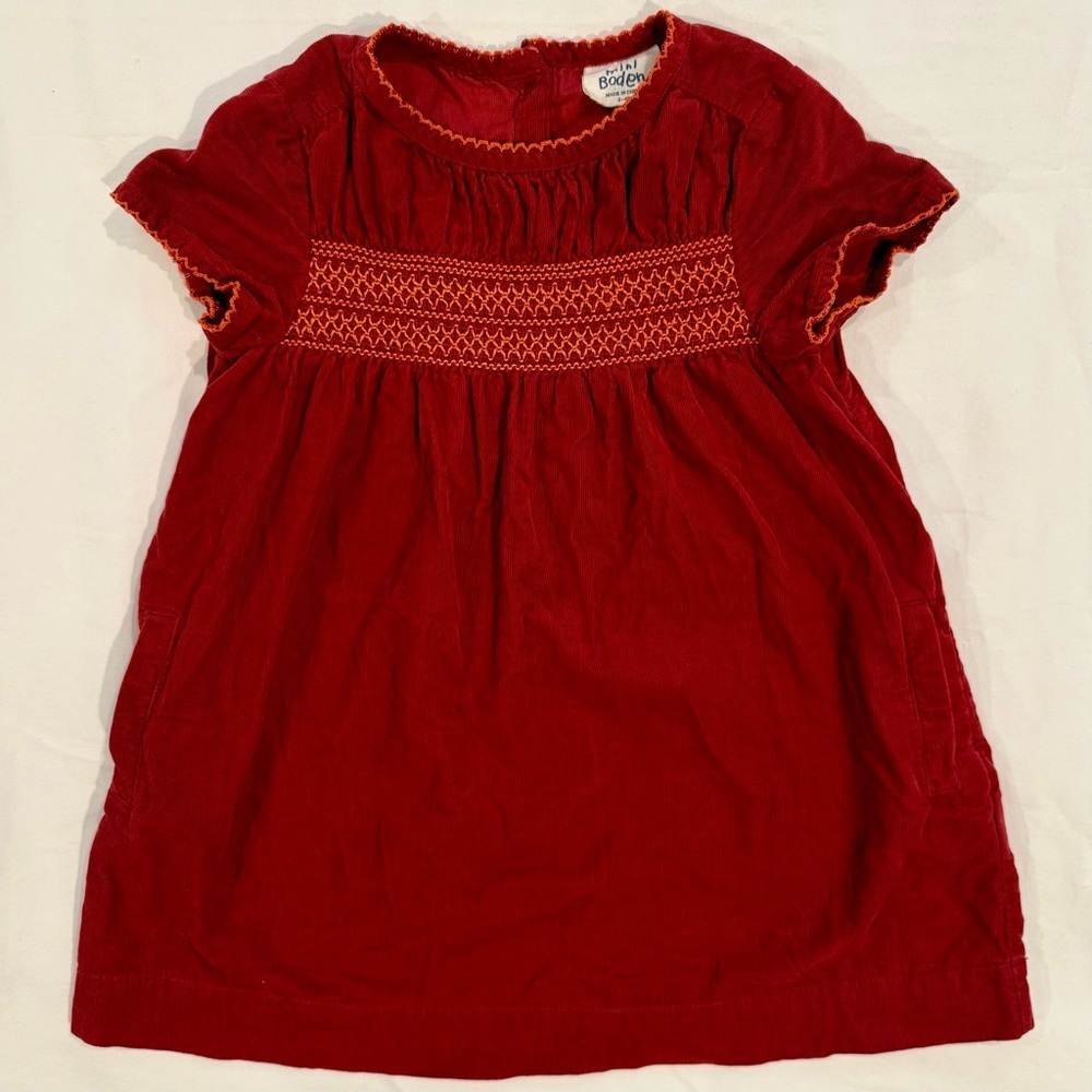 Mini Boden Smocked Corduroy Dress Girls 3-4 Y 3T 4T Cotton Burgundy Orange Fall